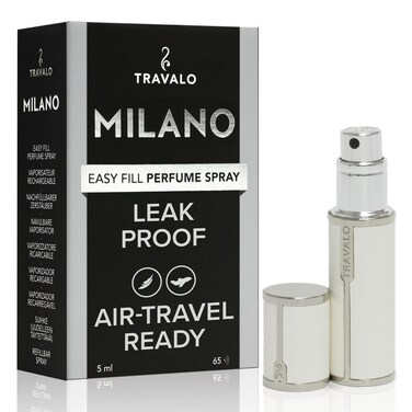 Travalo Milano Perfume Atomizer - Elegant Design for Valentine&rsquo;s Day - Reusable, Airtight, Easy Fill Mini Pump Sprayer - Vegan Leather with Polished Metal Outer Shell - White