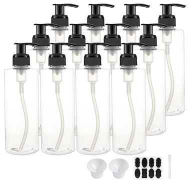 12 Pack 8 oz Plastic Pump Dispenser Bottles for Massage Oil, Shampoo, Lotions, Body Wash Pump Bottles, Cream Refillable Containers with Pump, 2 Funnel, 18 Chalk Labels