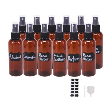 12 Pack 3.3 oz Fine Mist Spray Bottle Amber Plastic Spray Bottles For Essential Oils, Perfumes, Alcohol, Travel Bottle, Refillable Containers with Funnels, Chalk Labels, Pen