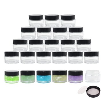 24 Pack 1 oz Round Clear Glass Cosmetic Jars with Inner Liners and Black Lids, Travel Glass Jars, Cosmetic Containers for Lip Balms, Powders, Makeup, Cream, Eyeshadow, Slime, Paint