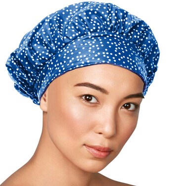 TIARA Luxury Shower Cap for Women Reusable Waterproof, Hair Cap for Long &amp; Short Hair, All Size Flexi Adjustable Terry Lined Cloth Plastic Leakproof Soft, Breathable, Durable &amp; Comfy (Dots Blue)