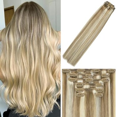 WindTouch Clip In Hair Extensions Human Hair Mixed Bleach Blonde 18Inch 70g Hair Extensions for Women Remy Hair Extensions #18p613 7PCS