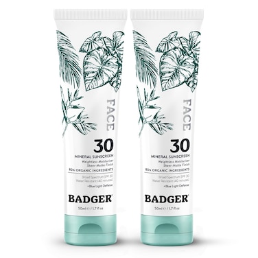 Badger Zinc Oxide Face Sunscreen SPF 30, Lightweight Mineral Sunscreen for Face, Matte Finish, No White Cast, Vegan, Water Resistant, Unscented, Mineral Sunblock Lotion, 1.7 fl oz, 2-Pack