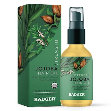 Badger Organic Jojoba Hair Oil &amp; Dry Scalp Treatment, Soothing &amp; Moisturizing Itchy Dry Scalp Oil, Rosemary Hair Oil, Organic Jojoba Oil Hair &amp; Scalp Moisturizer, 2 fl oz Glass Bottle