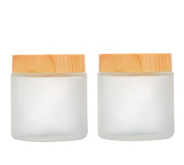2 Pack 100g/3.4oz Frosted Glass Cream Jars Bottles Cosmetic Container with Inner Liners and Wood Grain Lid Refillable Straight Sided Glass Cosmetic Sample Jars Pot for Lotion Cream Moisturiser