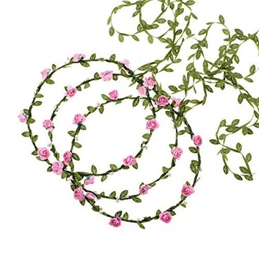 Flower Headband Rose Floral Wreath with Lovely Tail Photography Floral Crown Fashion for Bohemian Style Wedding Bride Headdress (Pink-3pc)