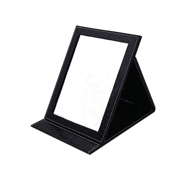 Folding Travel Mirror - Crystal-Clear HD Vanity Mirror with Adjustable 90&deg;/145&deg; Stand, Ultra-Slim Leather-Covered Portable Makeup Mirror for Desk &amp; On-The-Go (Black)