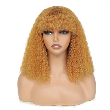 MUPRETTY Bob Wig with Bangs Short Bob Curly 27# Blonde Wig Human Hair Water Wave Lace Front Wigs Human Hair Keep Silky And Smooth After Multiple Washes 100% Indian 18A Raw Hair Wigs(10Inch)