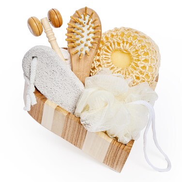 Bella Ciao Body and Skin Care Set, 6-PC, Face Massage Roller, Hair Brush, Pumice Stone, Loofah, Exfoliating Sponge, Wooden Tray Gift Basket, Bath and Body Gift Set, Valentines Day Gifts for Her