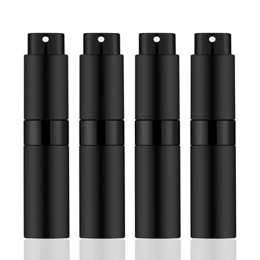 KOIBITO 4PCS/8ML Portable Refillable Mini Perfume Atomizer Bottles, Empty Cologne Spray Bottle, Pocket Travel Perfume Bottles Include Refill Tools (Matte Black)