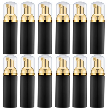 KOIBITO 2 Oz Black Foam Soap Bottle with Gold Pump Empty Travel Foaming Dispenser for Hand Soap,Lash Shampoo,Body Wash(12 PCS, Clear Cap)