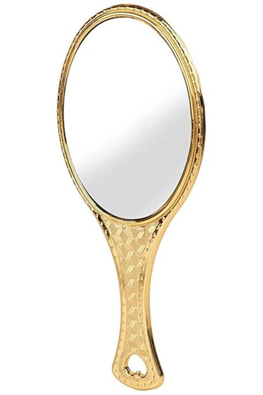 Golden Handheld Salon Barbers Hairdressers Oval Mirror with Grip Handle