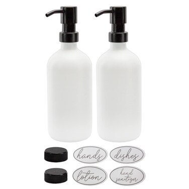 Darware 16oz Glass Pump Bottles (Set of 2, White w/Black); Soap Dispenser Pump Bottles with Brushed Metal Pump Tops