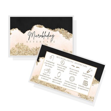 Boutique Marketing LLC Microblading Aftercare Cards   50 Pack   Size 2x3.5 inches Business Card   PMU Pink, Black, and Gold Design