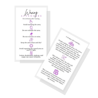 Boutique Marketing LLC Waxing Aftercare Cards   50 Pack   Size 2 x 3.5&rdquo; inches Business Card Size   Hair Removal Aftercare Kit   White with Purple Design