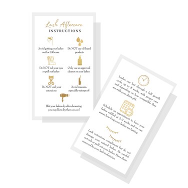 Lash Extension Aftercare Instructions Cards   50 Pack   Size 3.5x2" inches After Care (2-3 Week Fillers)   White with Gold Icons Design