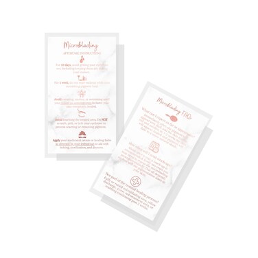Microblading Aftercare Cards   50 Pack   Size 3.5 x 2" inches   Disposable FAQ Microblade Printed Certified Recommended Care Instructions   PMU Rose Gold Glitter on Marble Design
