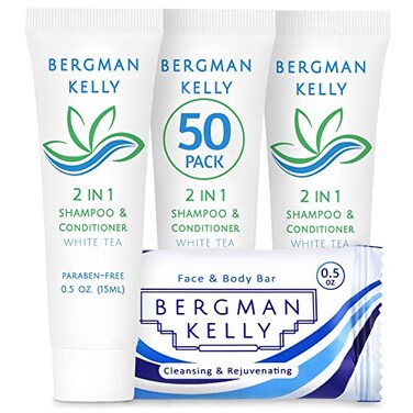 BERGMAN KELLY Rectangle Soap Bars, 2in1 Shampoo &amp; Conditioner 2-Piece Set (White Tea, 0.5 oz each, 100 pc), Delight Your Guests with Revitalizing &amp; Refreshing Sanitary Toiletries &amp; Hotel Amenities