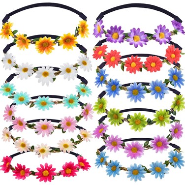 12 Pieces Flower Headband Girl Women Daisy Flower Crown Hippie Floral Wreath Headband for Festival Wedding Bridal Party