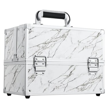 Frenessa Makeup Train Case Marble Leather Cosmetic Organizer Case 12 Inch Large Makeup Box 6 Trays Makeup Storage Organizer for Makeup Artist, Nail Tech Students, Craft Tools Travel Makeup Case Marble