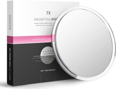Mavoro Magnifying Mirror with Suction Cups - Triple Suction Cup Stick on Mirror with 7X Magnification. Portable Travel Makeup Mirror, Magnified Cosmetic Mirror