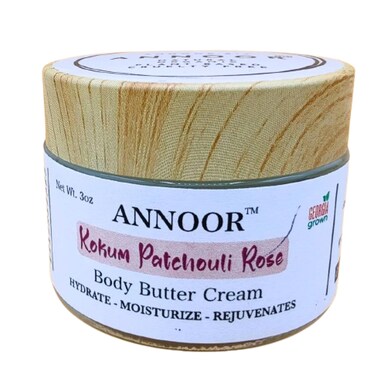 Kokum Patchouli Rose Body Butter Cream   3 Oz   Enriched with Rose Hydrosol, Kokum Butter, Shea Butter, Almond Oil, Ginger, Vitamin E, and Vitamin B5   Deeply Hydrating and Softening Cream