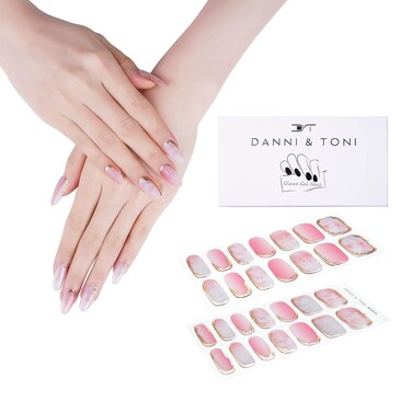 DANNI &amp; TONI Semi Cured Gel Nail Strips (Sunset Love) Pink Gradation Gel Nail Stickers Silver Glitters Gold Foil Gel Nail Wraps 28 Stickers