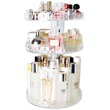 Diamond Pattern Three Layers Perfume Organizer, 360 Rotating Diamond Cosmetic Storage Box Transparent Acrylic Swivel Shelf Desktop Skin Care Product Dresser Finishing, Plus Size