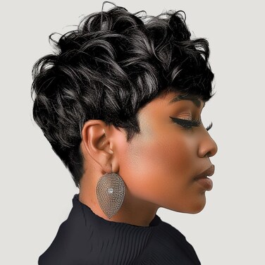 Pixie Cut Wigs Short Black Curly Pixie Wigs Layered Heat Resistant Wigs Pixie Cut Wig For Black Women Natural Wavy Wig with Bangs(black), Avg
