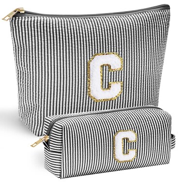 YOOLIFE Initial Personalized Preppy Makeup Bag - Monogrammed Birthday Gift for Women &amp; Girls - Mother's Day Gift - Black