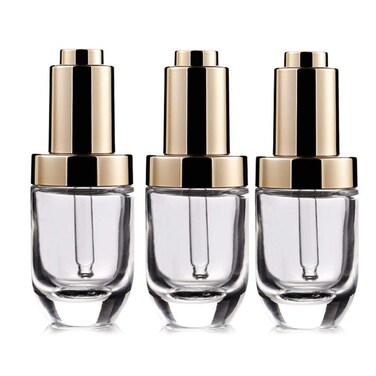 3Pcs 30ml/1oz Clear Thick Glass Press Dropper Bottles Essence Liquid Bottle Essential Oil Bottle Refillable Travel Container with Gold Cap for Essential Oil Fragrance Aromatherapy Cosmetic
