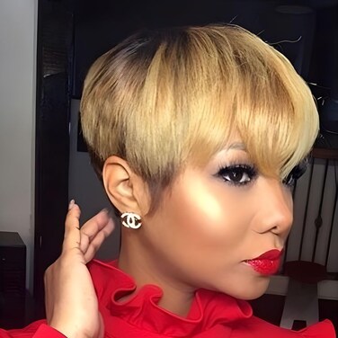 MOONSHOW Short Pixie Cut Wigs for Black Women Ombre Blonde Short Wigs 1B/4/27 Pixie Cut Wigs with Bangs Synthetic Short Wigs for Black Women