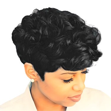 Black Short Pixie Cut Wigs for Black Women Short Wigs for Black Women Pixie Cut Curly Wig with Bangs for Black Women Black Women Wigs (Natural black)