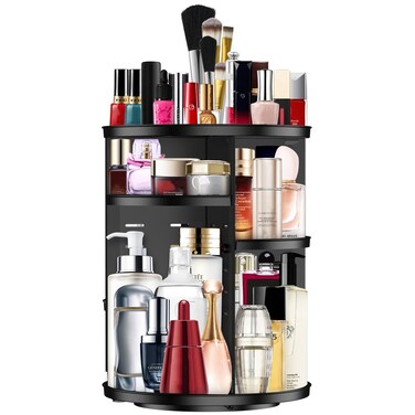 Makeup Organizer 360 Rotating Cosmetic Organizer DIY Adjustable Makeup Carousel Spinning Holder Rack, Large Capacity Cosmetic Storage Box Makeup Brushes Organizer for Vanity Countertop (Black)