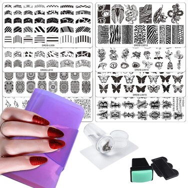 VNC 13PCS Nail Stamp Templates Set - 8Pcs Stamping Plate + 2Nail Stamper + 2Scraper+1Pcs Case Flower Butterfly Animal Design Metal Image Nail Plates Print Stamper Decals Set Manicure Stencils Tools