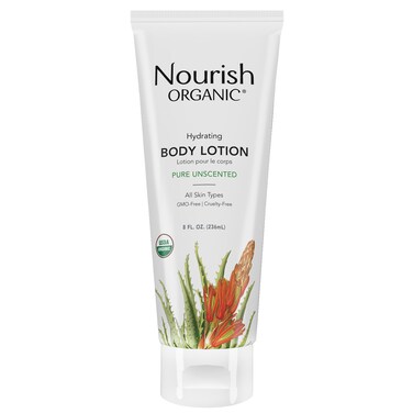 Nourish Organic Body Lotion, Unscented &ndash; Hydrating Body Lotion for Dry Skin with Certified Organic Aloe Vera, Shea Butter, Coconut Oil &amp; Cocoa Butter + Washable Cotton Round (2 Piece Set)