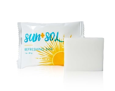 Sun + Sol Bulk Refreshing Soap Bar With Warm Coconut &amp; Vanilla Fragrances, Sachet Wrapped Travel Size Toiletries, Mini Hotel Amenities, 1 oz, 100 Count