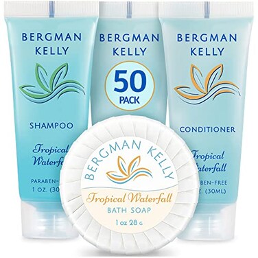 BERGMAN KELLY Round Hotel Soap Bars, Shampoo &amp; Conditioner 3-Piece Set (1 oz each, 150 pc total, Tropical Waterfall), Delight Your Guests with Refreshing Bulk Travel Size Hotel Toiletries