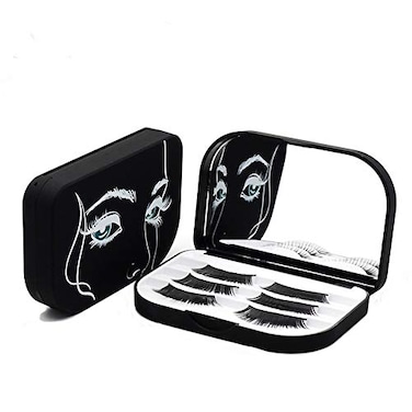 Cosmetic Case Empty Eyelashes Storage Case with Makeup Mirror Holder Box Fake Eyelash Packing Travel Storage Case Eyelashes Bag(Black)