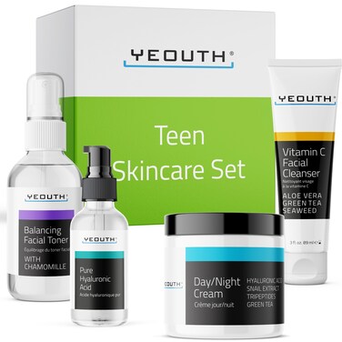 YEOUTH Skin Care Set: Hyaluronic Acid Serum, Vitamin C Cleanser, Toner &amp; Face Cream, Teen Skincare Kit Girls &amp; Boys 4-Piece Beauty Gifts