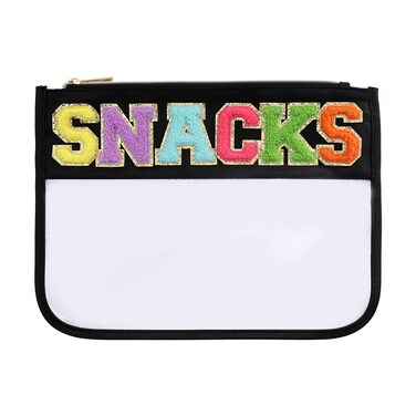 BCRMPT Chenille Letter Bag Clear Flat Pouch,Multi-purpose PVC&amp;Nylon Clear Cosmetic Bags,Travel Makeup Bag With Zipper For Women,Clear Pouches for Travel,Gym,Beach (Black-Snacks)