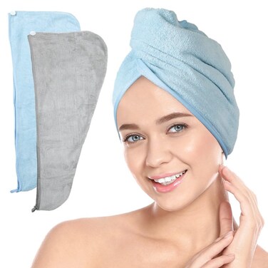 ForPro Professional Collection Premium Microfiber Hair Towel Wrap, 2-Pack Quick Drying Hair Turban for Women, 10" x 26", Cool Grey + Sky Blue