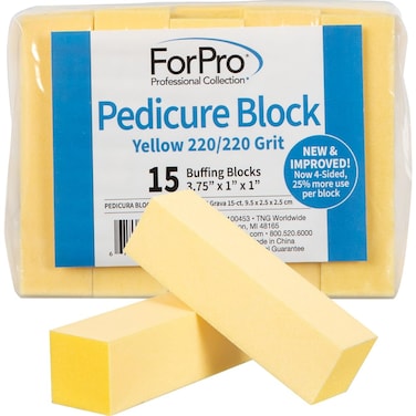 ForPro Professional Collection Yellow Pedicure Block, 220/220 Grit, Three-Sided Pedicure Nail Buffer, 3.75&rdquo;L x 1&rdquo;W x 1&rdquo;H, Yellow, 15-Count