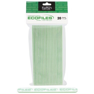 ForPro Professional Collection ECOFILES Eco-Friendly Foam Boards, Green, 100/180 Grit, Double-Sided Manicure and Pedicure Nail Files, 7&rdquo; L x .75&rdquo; W, 20-Count