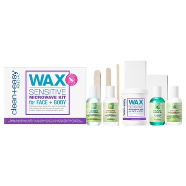 Clean + Easy Sensitive Microwave Kit for Face &amp; Body, All-in-One Waxing Essentials for Full Body Hair Removal Treatment, Soft Wax, Easy to Prepare, Convenient to Use, Safe for Delicate Skin, 10-Pc