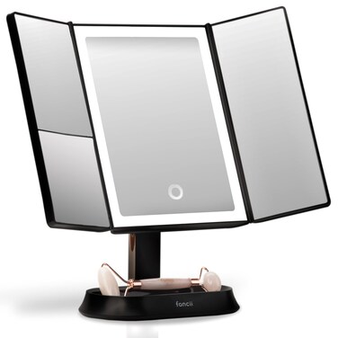 Fancii Makeup Mirror with Natural LED Lights, Lighted Trifold Vanity Mirror with 5X &amp; 7X Magnifications - 40 Dimmable Lights, Touch Screen, Cosmetic Stand - Sora (Black)