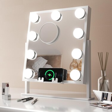 Fancii Hollywood Vanity Mirror with Lights, Rechargeable - 9 Dimmable LED Bulbs, Large Lighted Makeup Mirror with Phone Charger, 10X Magnifying Mirror, Music Speaker, 3 Lighting Modes (Maddie)