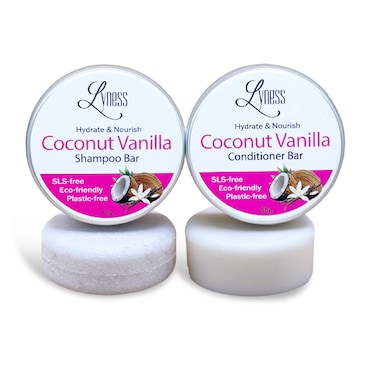 Lyness Coconut Vanilla Shampoo &amp; Conditioner Bar Set   Travel Friendly   Plastic Free   SLS Free   Clean Ingredients