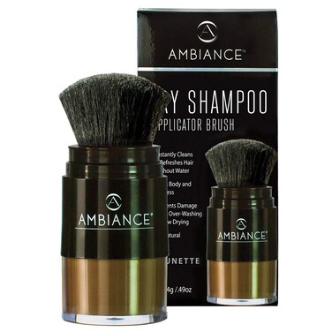 Ambiance Natural Dry Shampoo Powder &amp; Brush for Dark Hair - Non Aerosol Travel Size Brunette Tinted Shampoo - Non Toxic, Benzene Free - Volumizing, Refreshes Oily Hair &amp; Covers Roots Between Colorings