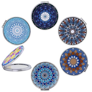 Small Compact Mirror Portable Folding Double Sided with 2X Magnification - Handheld Pocket Travel Makeup Mirrors - Mixed Embossed Designs - Gift for Girls Women Pack of 6